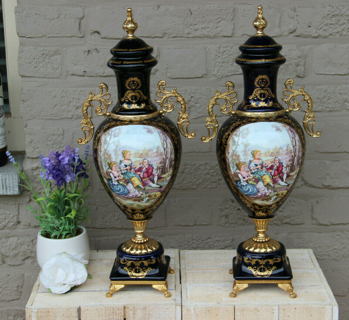 PAIR Cobalt blue porcelain Vases victorian romantic scenes marked 1960