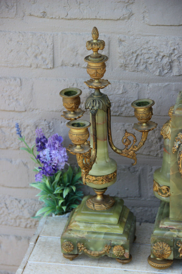 Antique French onyx and brass mantel clock set louis XVI decor candelabras