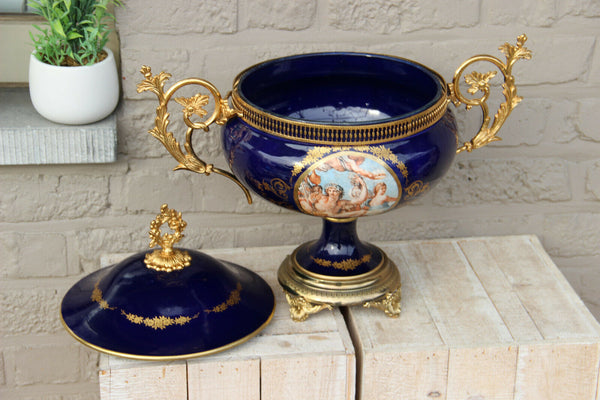 Huge french vintage cobalt blue Limoges porcelain centerpiece bowl