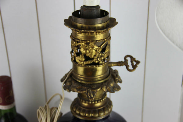 Antique French Limoges blue porcelain oil petrol lamp romantic scene floral