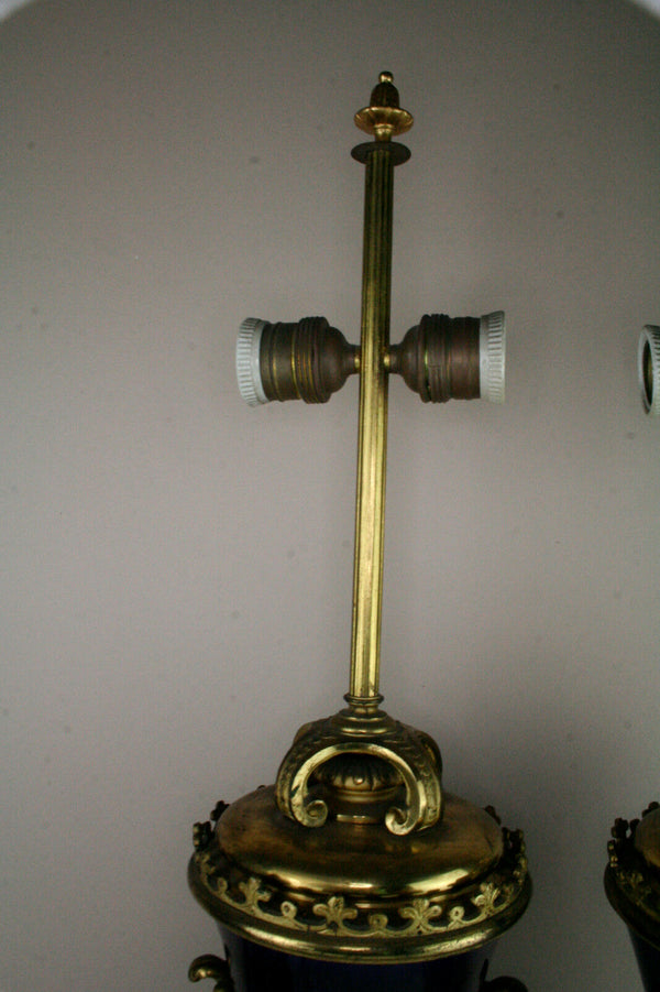 Antique French blue Faience satyr devil heads Vases mounted lamps 1900