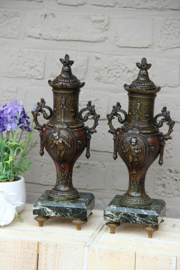 PAIR antique spelter bronze putti angel romantic Marble base Vases urn
