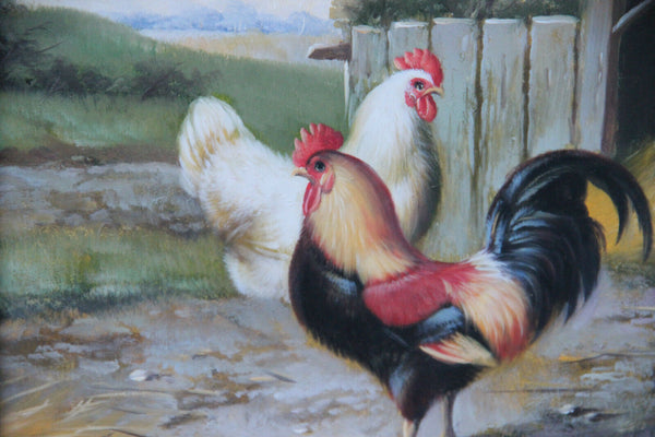 PAIR French vintage OIL panel Chicken rooster animal painting matching