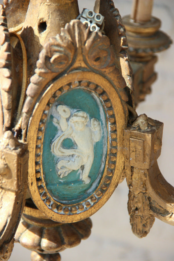 Antique French Wood carved  chandelier putti Angel scenes medaillon wedgwood