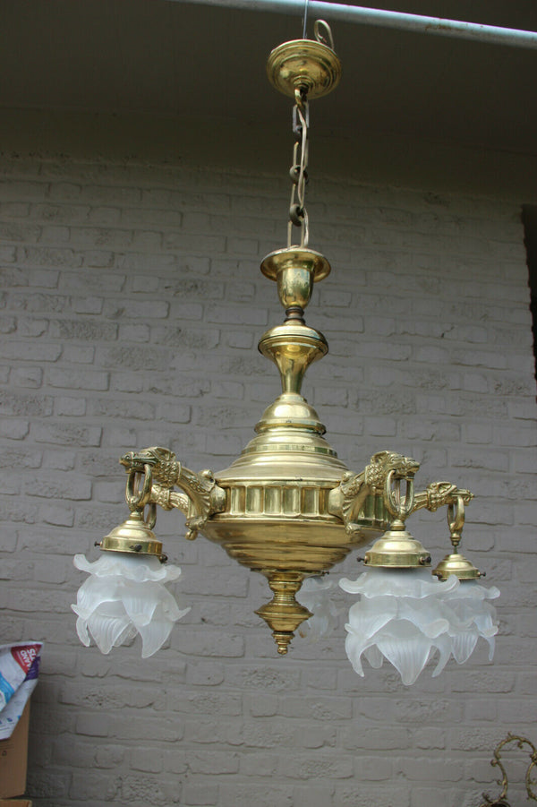 Antique French brass Gothic Dragon eagle heads tulip glass heads