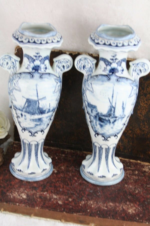 PAIR vtg 1950's Delft decor pottery Vases Mill Sailing boat scenes