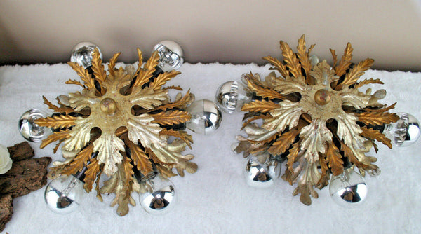 PAIR mid century Wall lights sconces metal leaves gout de maison jansen 70's