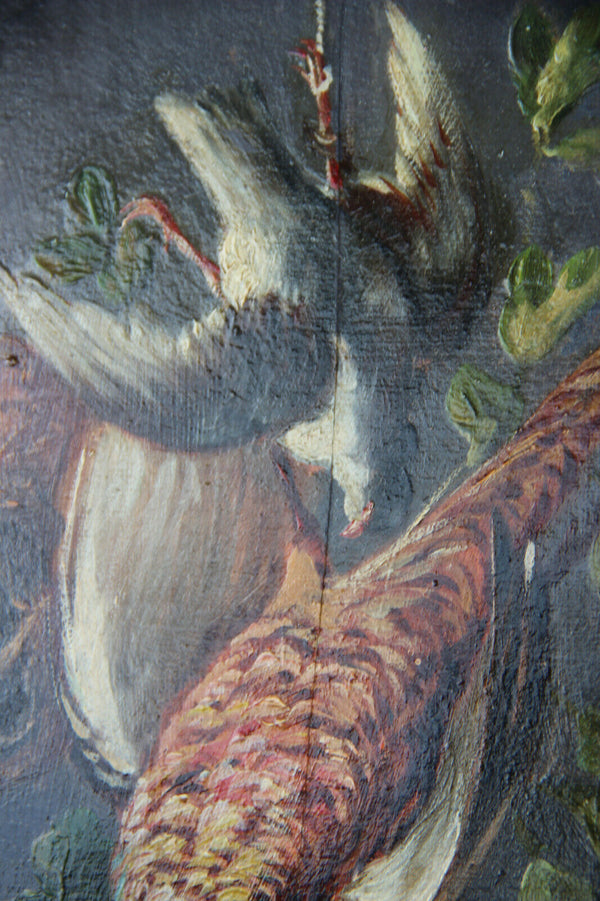 Antique pair oil panel French painting Still life hunting trophy patridge bird