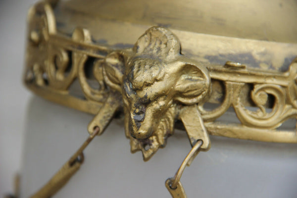 Antique brass crystal glass Val saint lambert shade Ram heads lantern chandelier