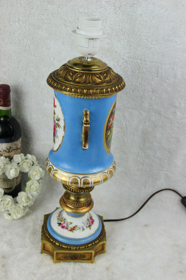 Antique French vieux paris porcelain floral lamp pastel blue