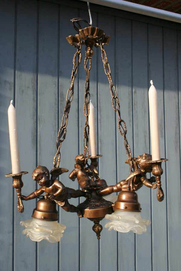 French 1950 spelter brass Angels putti cherubs chandelier candleholder 3 arms