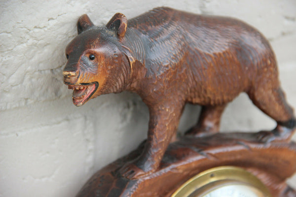 Vintage hand Black forest wood carved swiss bear statue barometer