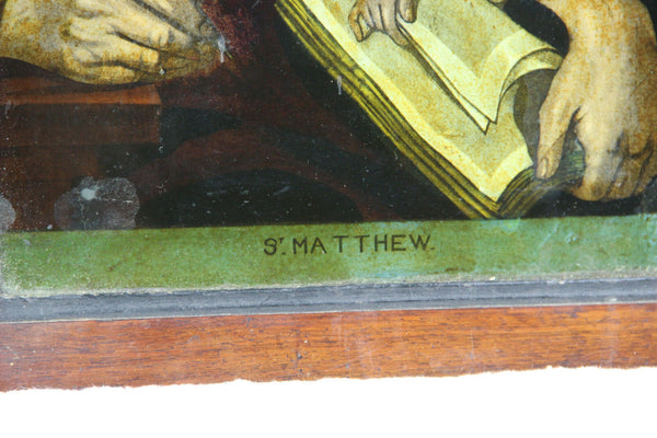 Antique 1880 religious Eglomise reversed mirror painting evangelist Matthew