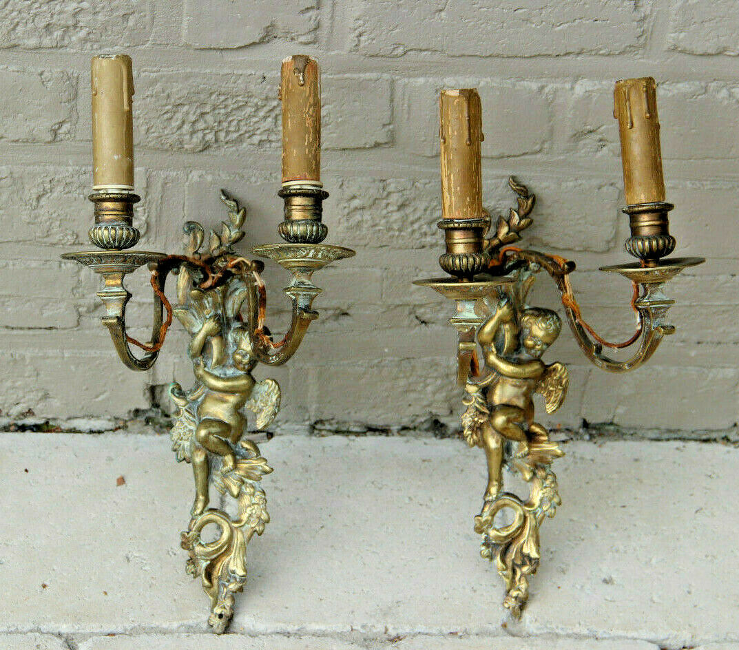 PAIR antique bronze Wall lights sconces putti angel figurines 2 arms