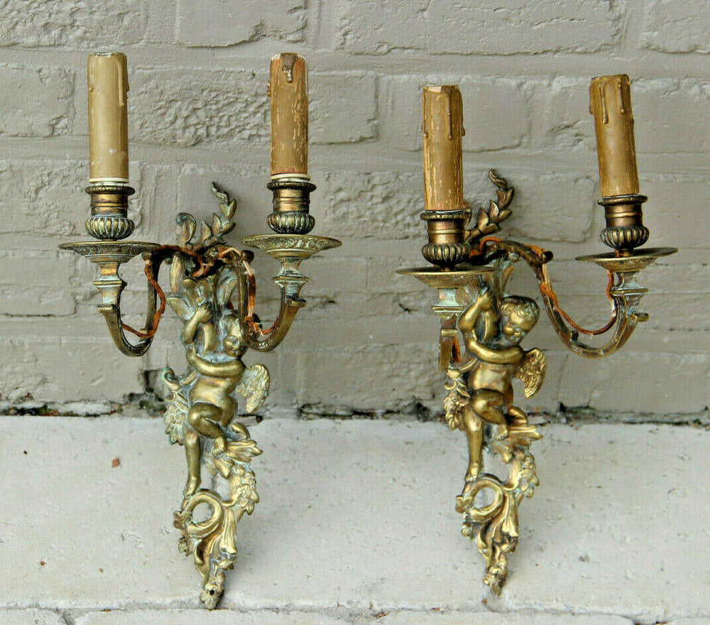 PAIR antique bronze Wall lights sconces putti angel figurines 2 arms