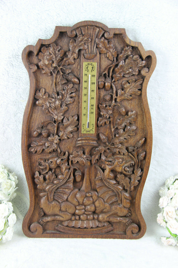 Antique black forest wood carved gothic dragons fruits wall plaque panel
