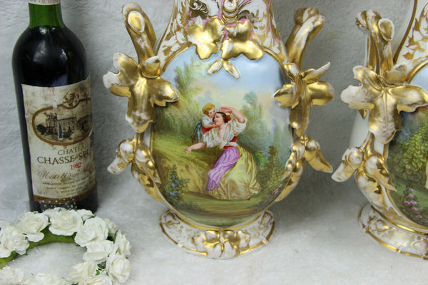 PAIR XL top antique 19thc Vieux old paris romantic lady child dog scene Vases