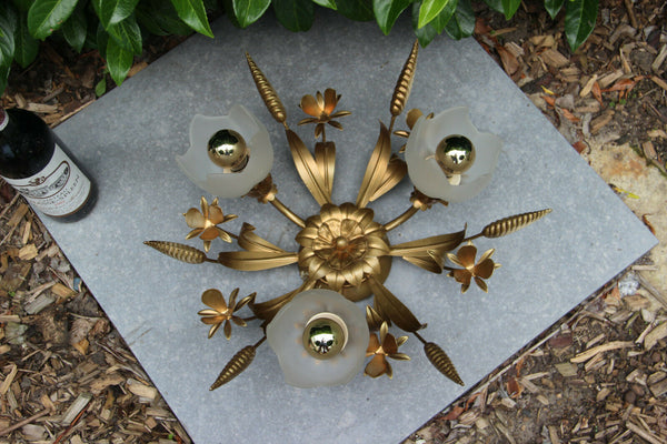 Hollywood regency mid century metal gold gilt chandelier flush mount attr jansen