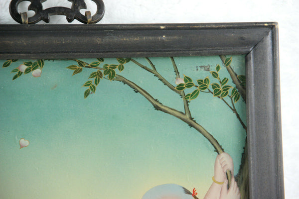 Antique Chinese eglomise reverse oil glass painting children playing signed