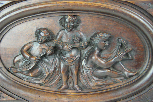 Antique french wood carved putti angels music figurines wall panel plaque