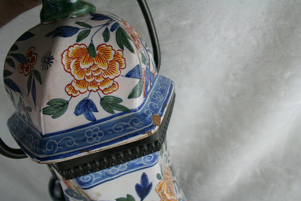 Antique polychrome Pottery Delft marked 3 leaves Vase mounted as lamp XL