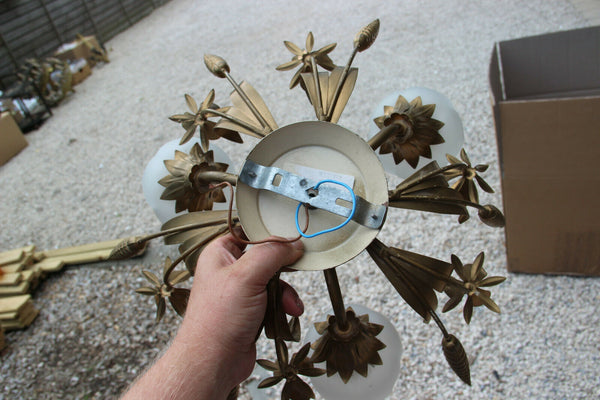 Hollywood regency mid century metal gold gilt chandelier flush mount attr jansen