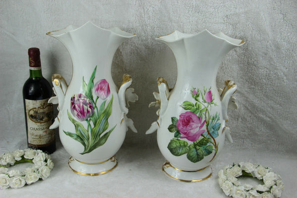 PAIR XL top antique 19thc Vieux old paris romantic lady child dog scene Vases