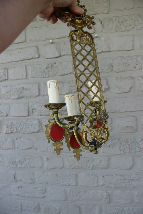 PAIR vintage French brass Wall lights sconces porcelain victorian plaques