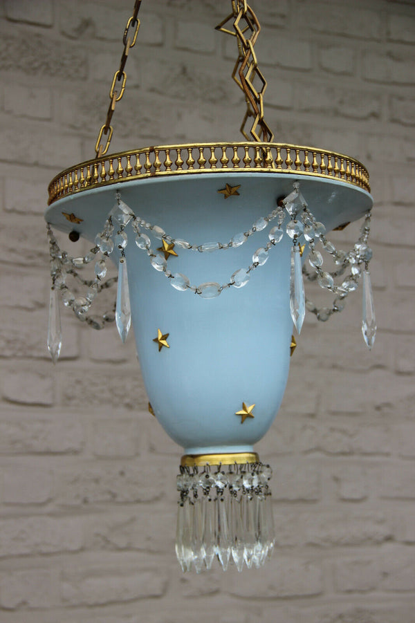 Vintage French 1980 pendant lantern chandelier  stars pendant glass drops