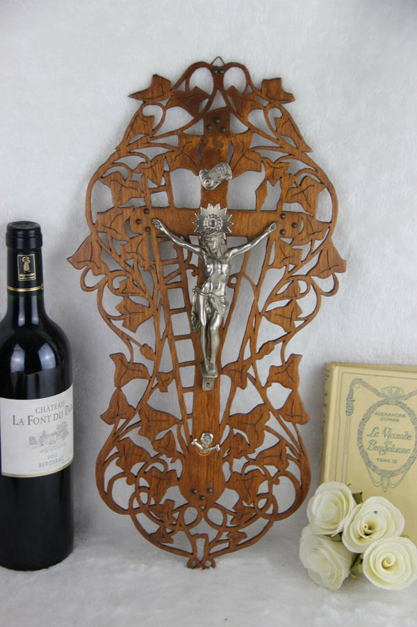 Rare vtg French wood carved crucifix christ cross 1960's religious