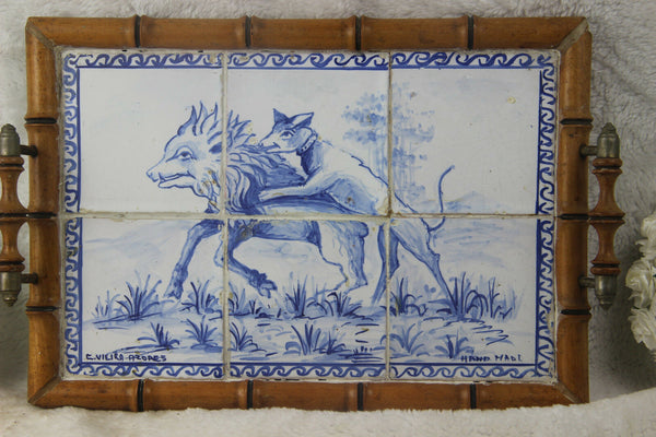 Antique Portugese Ceramic tiles serving tray plate hunting dog catching boar