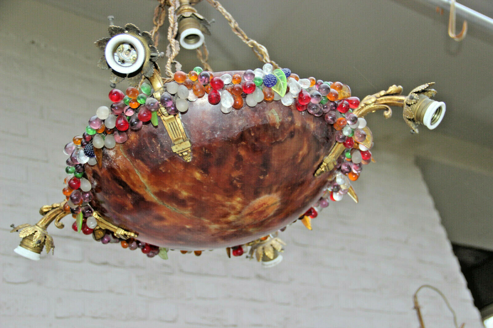 Antique French Chandelier alabaster Amber bowl murano glass grape floral rim