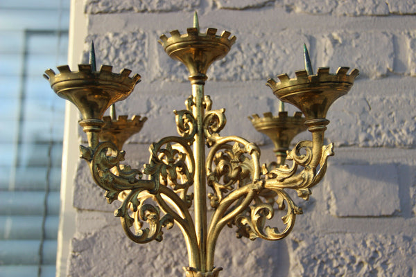 Antique church altar 5 arm neo gothic bronze lion paws candelabras religious