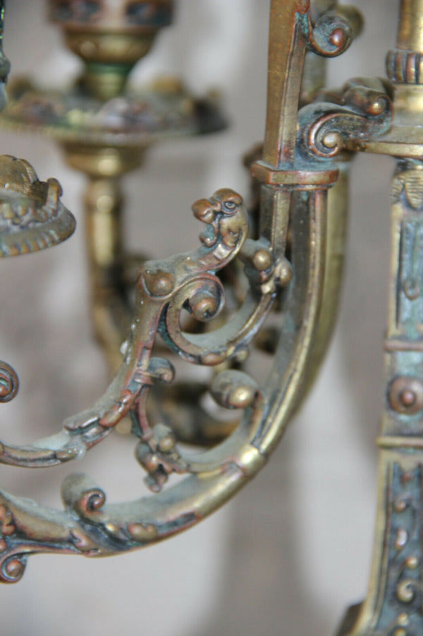 PAIR french antique Bronze putti dragon gothic castle candelabras candle holder