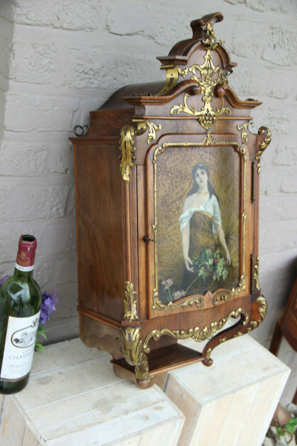 RARE Antique French wood apothecary wall cabinet hand paint portrait lady