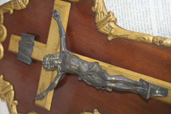 French antique crucifix brass metal wood copper wall plaque napoleon II religiou