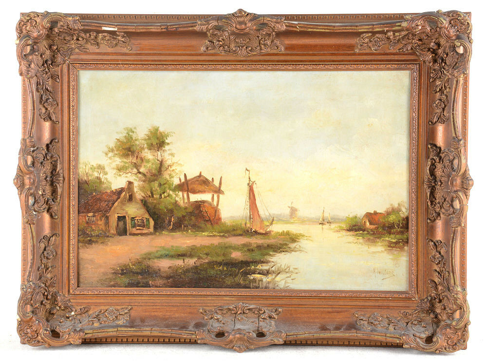 Holland Oil Canvas painting Dutch farm on the lake 1910 circa signed Willers