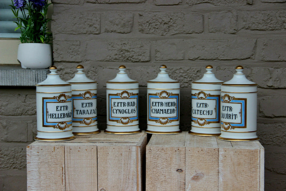 Antique VIEUX BRUSSELS porcelain Set 7 pharmacy pots Latin texts