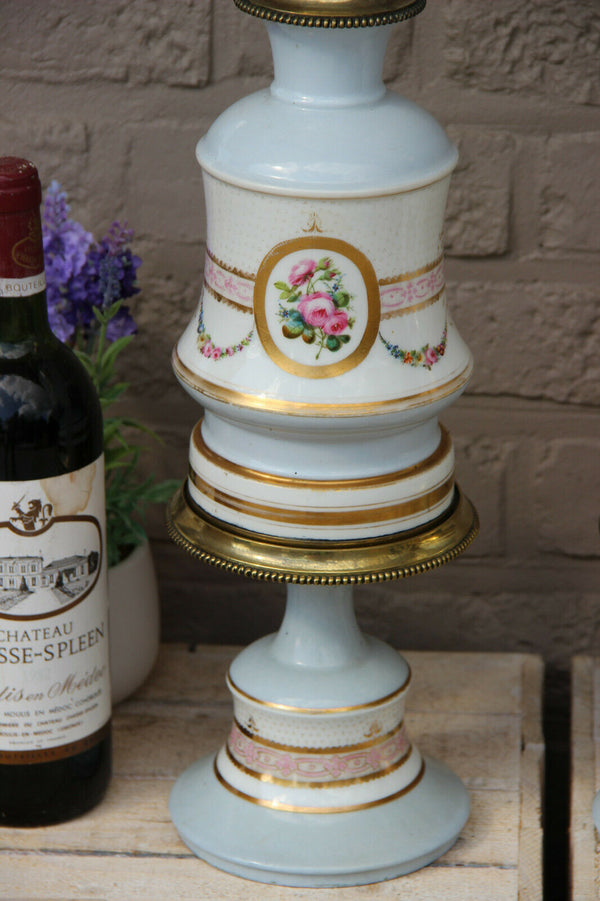 Rare PAIR antique French porcelain hand paint oil petrol lamps floral