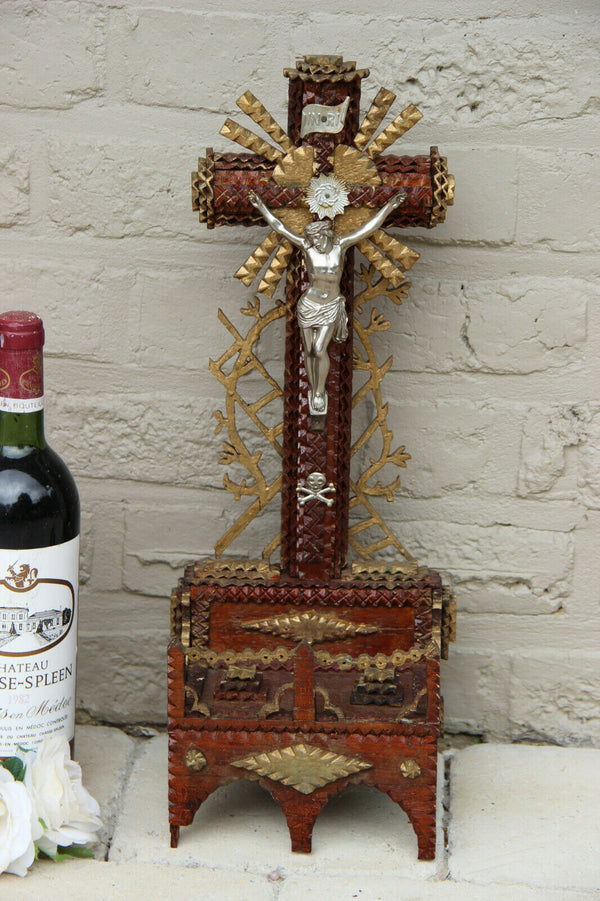 Antique French Tramp art wood carved Crucifix statue religious