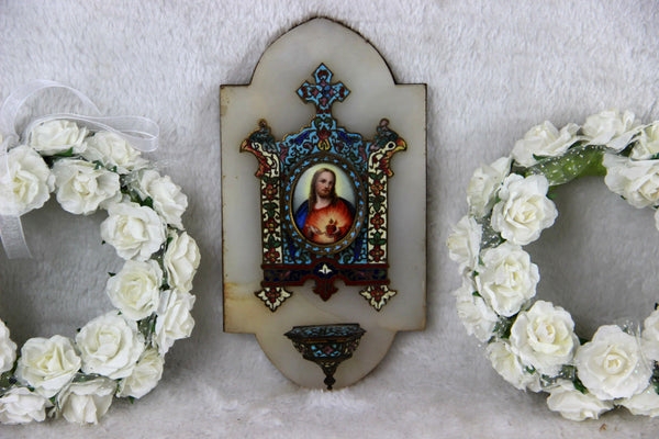 Antique French enamel Cloisonne Champleve saint jesus porcelain holy water font