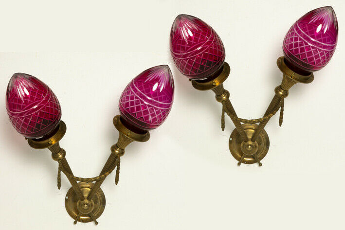 PAIR Bronze Louis XVI Wall lights sconces Baccarat crystal flame toch glass rare
