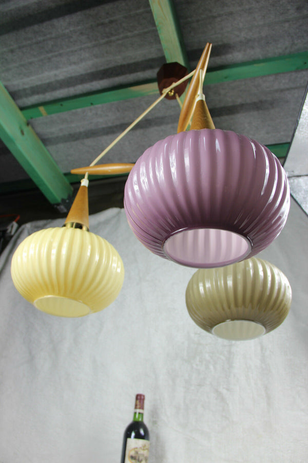 Mid century Rare multi colour Teak wood globes chandelier pendant louis kalff