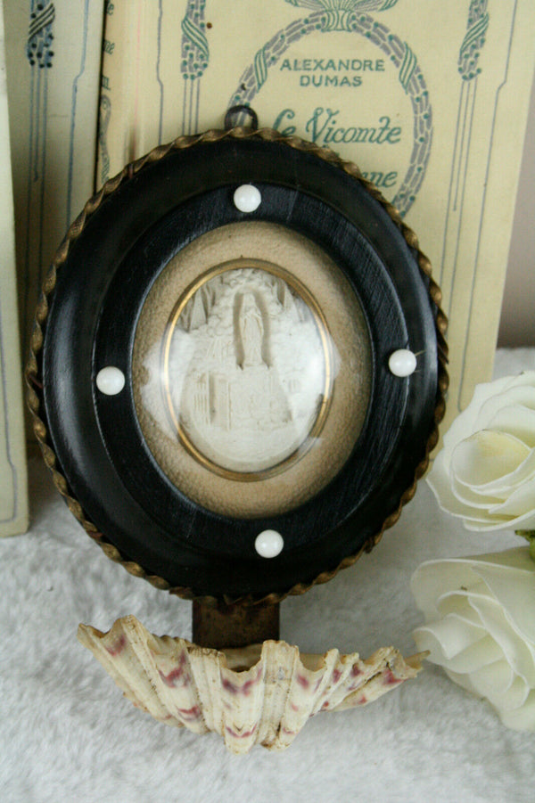 Antique 19th c French Meerschaum Madonna Mary figurine holy water font shell