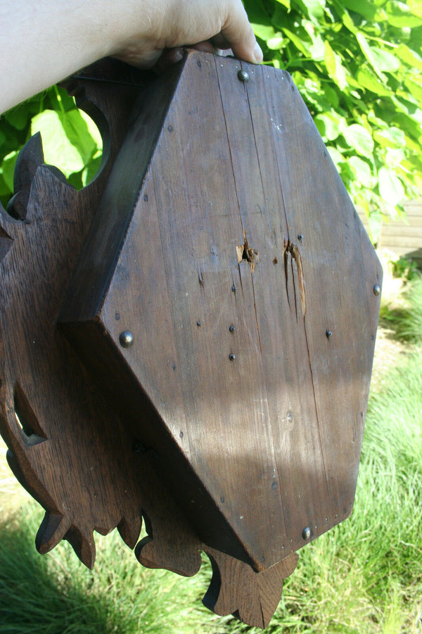 Antique Black forest wood carved hunting trophy clock fish rabbit dog 1900