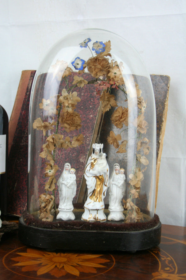 Gorgeous Vieux PARIS porcelain Madonna figurines Dome glass Set flowers silk