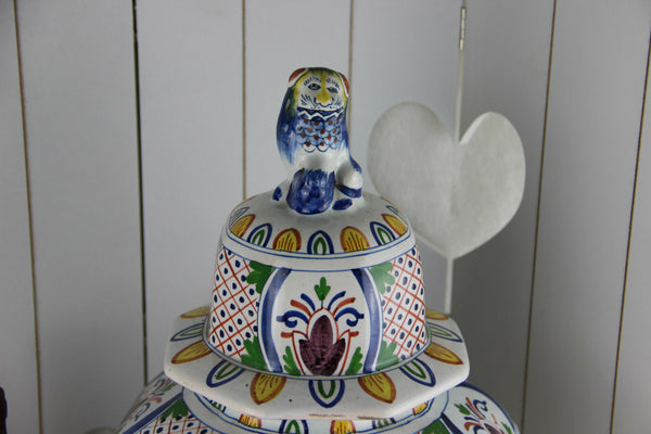 Huge DELFT polychrome ceramic Floral paint VASE foo dog lidded marked