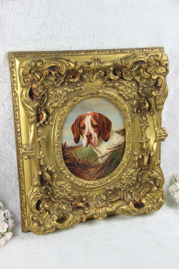 Vintage oil panel painting oval portait dog framed heavy frame