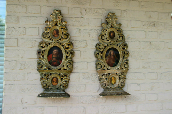 Rare PAIR church antique 18thc wood carved religious plaques panel 3 paintings