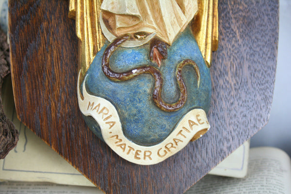 French Ceramic 1930 Madonna relief wall plaque polychrome painted rare special